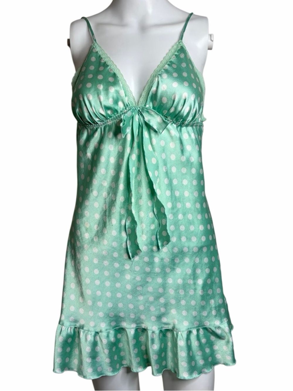 VINTAGE Victoria's Secret AngelsMint Polka Dot Satin Chemise Nightdress Small
